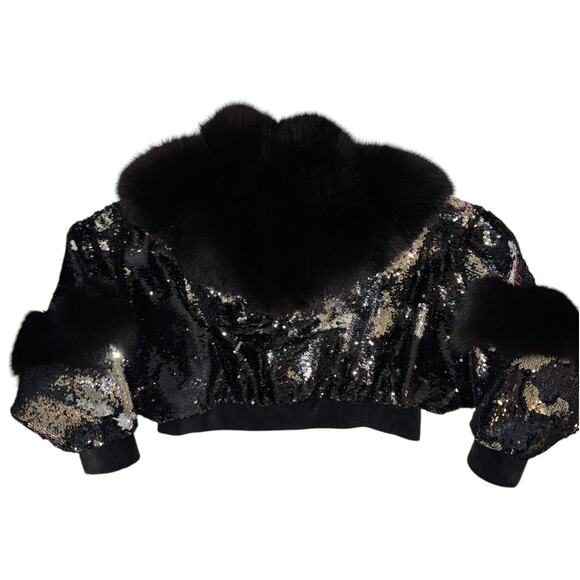 Friends With Money Black Sliver Sequin Fur Trimmed Suede Leather Cropped Jacket - Picture 4 of 11